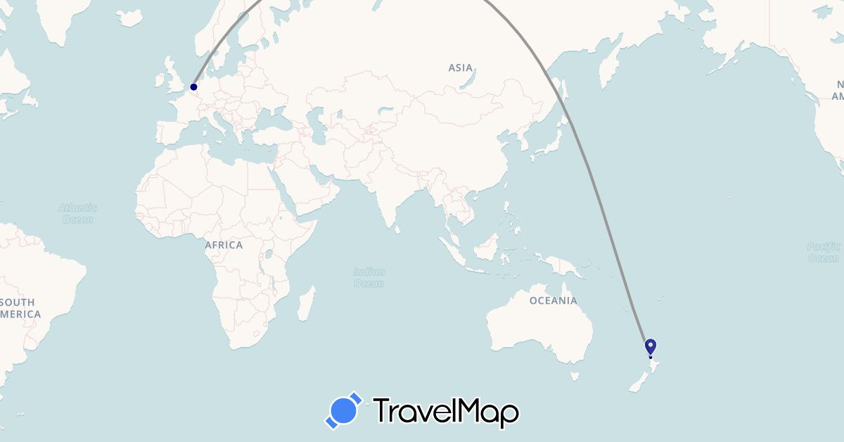 TravelMap itinerary: driving, plane in Netherlands, New Zealand (Europe, Oceania)